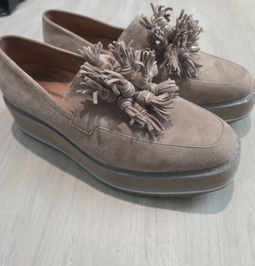 Johnston & Murphy Taupe Suede Tassel Platform Loafers